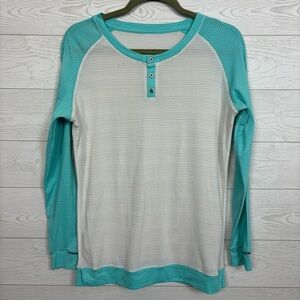 LULULEMON TEAL BLUE WHITE STRIPED LONG SLEEVE BUTTON PULLOVER HENLEY TOP BLOUSE